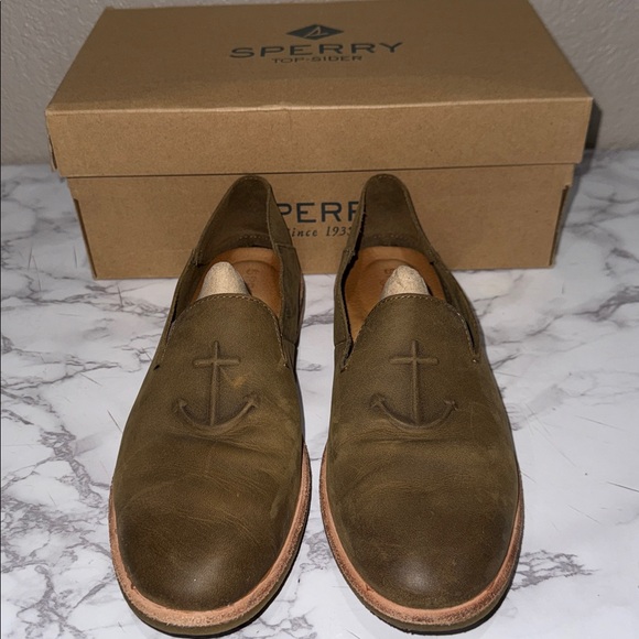 Sperry Seaport Levy Olive Slip-On Shoes with Anchor Motif - Picture 1 of 6